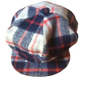 Blue, Grey, Red & White Repurposed Wool Blend Vintage Pageboy Cap Size XL
